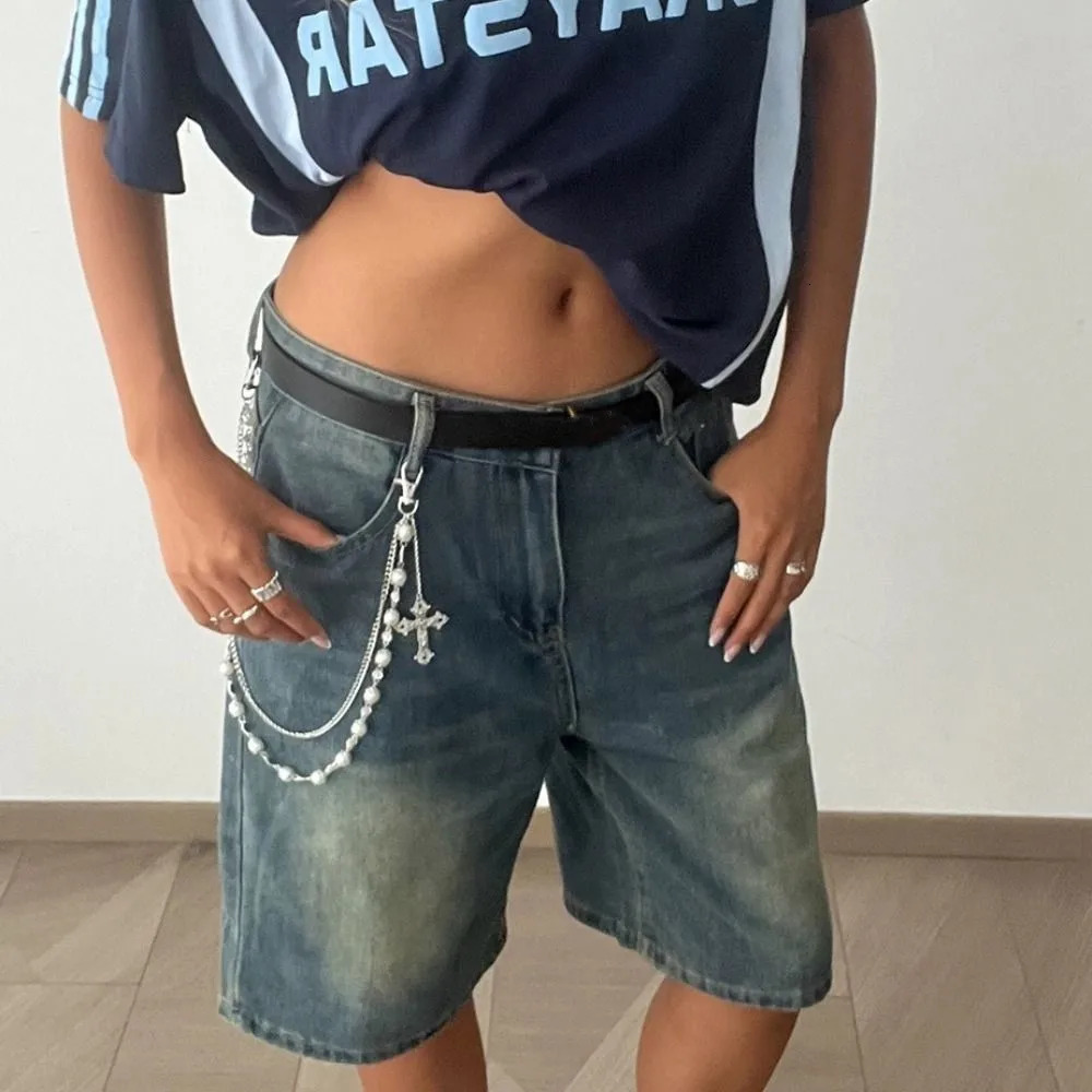 Retro Gothic Pearl Waist Chain Cross Hip Hop Punk Belt Chain Multilayer Beads Pants Chain Steetwear 251021