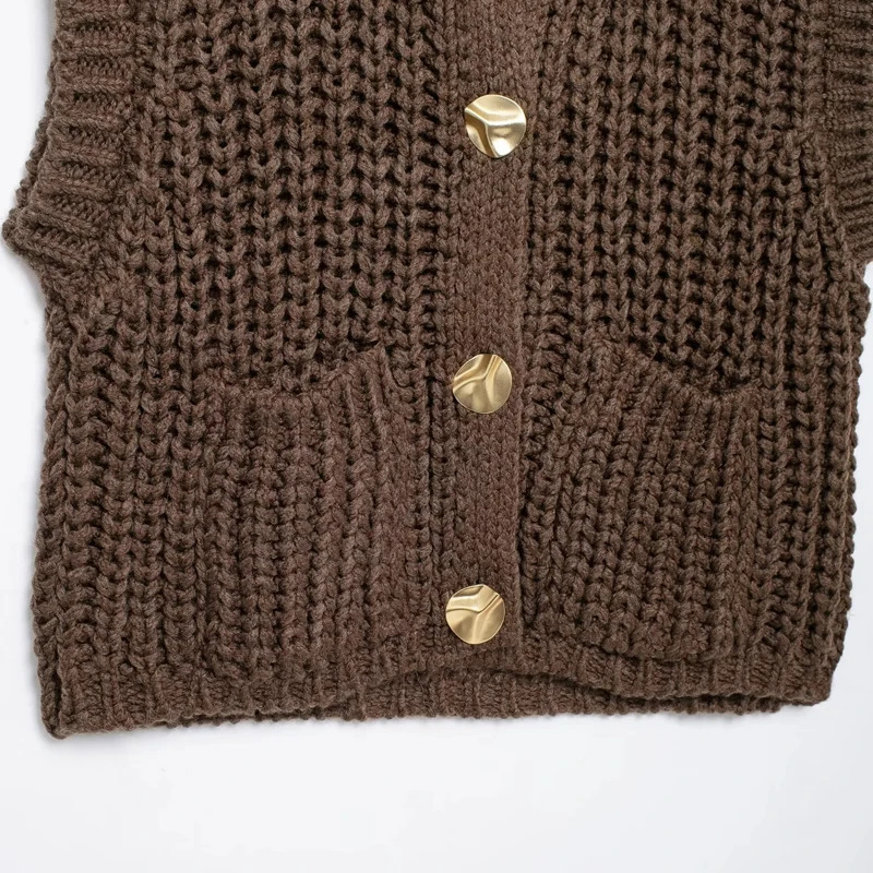 HXAO Womens Vest Outerwears Sleeveless Brown Sweater Knit Vest Women Preppy Cropped Sweaters Autumn Winter Vest Woman Knitwears 251029