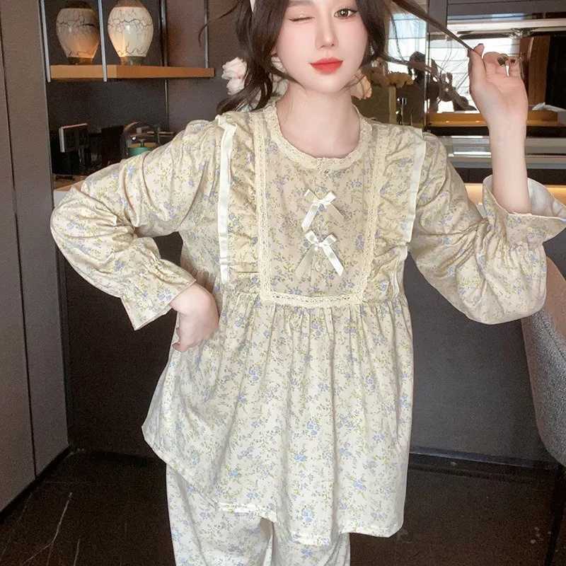 Ladies Pajamas Garden Style Student Casual Long Sleeve Pants TwoPiece Bow Set Nightwear Women Four Season Academic AtmosphereT251029