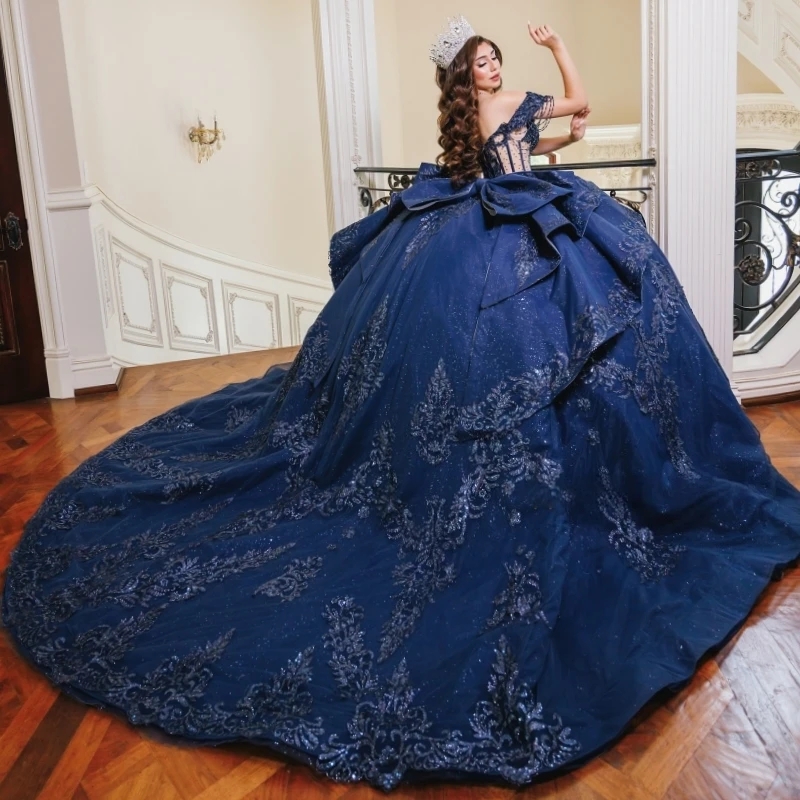 Navy Blue Shiny Ball Gown Quinceanera Dresses Off The Shoulder Applique Lace Tull Beads Bow Corset Party Birthday Sweet 16 Dress
