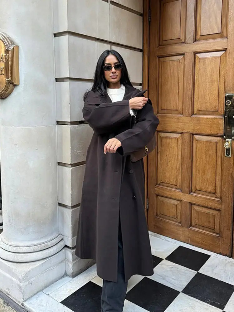 Retro Solid Stand Collar Long Tweed Coat Women Fashion Large Lapel Single Breasted Coats With Belt Lady Chic Street Outwear 251028