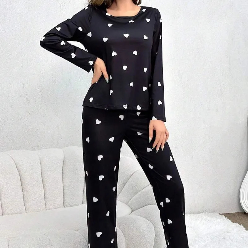 Womens Pajamas Casual Love Print Round Neck Long Sleeve Pants Fall and Winter Comfortable Set Girl Sleepwear Homewear 251029