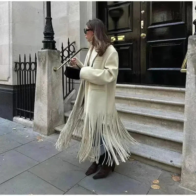 Fashion Tassel Solid Color Oneck Overcoat Woman Autumn Winter Loose Temperament Longsleeve Pocket Coat Female Streetwear 251029