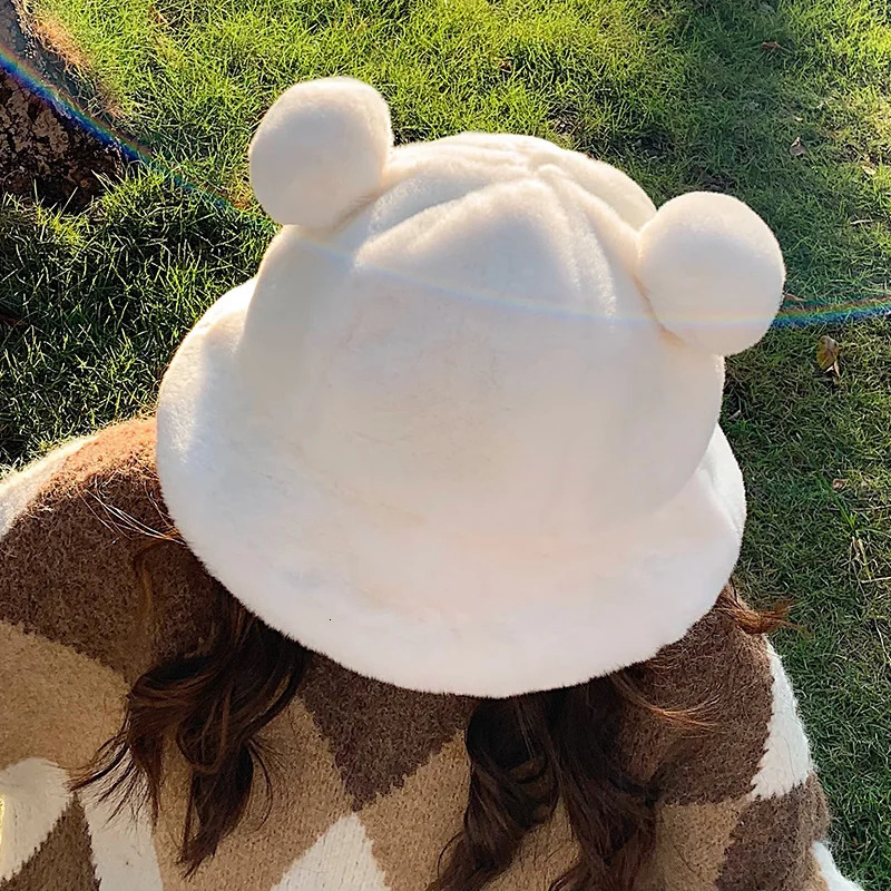 Fashion Autumn Winter Leopard Fur Bucket Hat Bear Ear Ball Plush Fisherman Soft Warm Thick Basin Protection Hats 251013