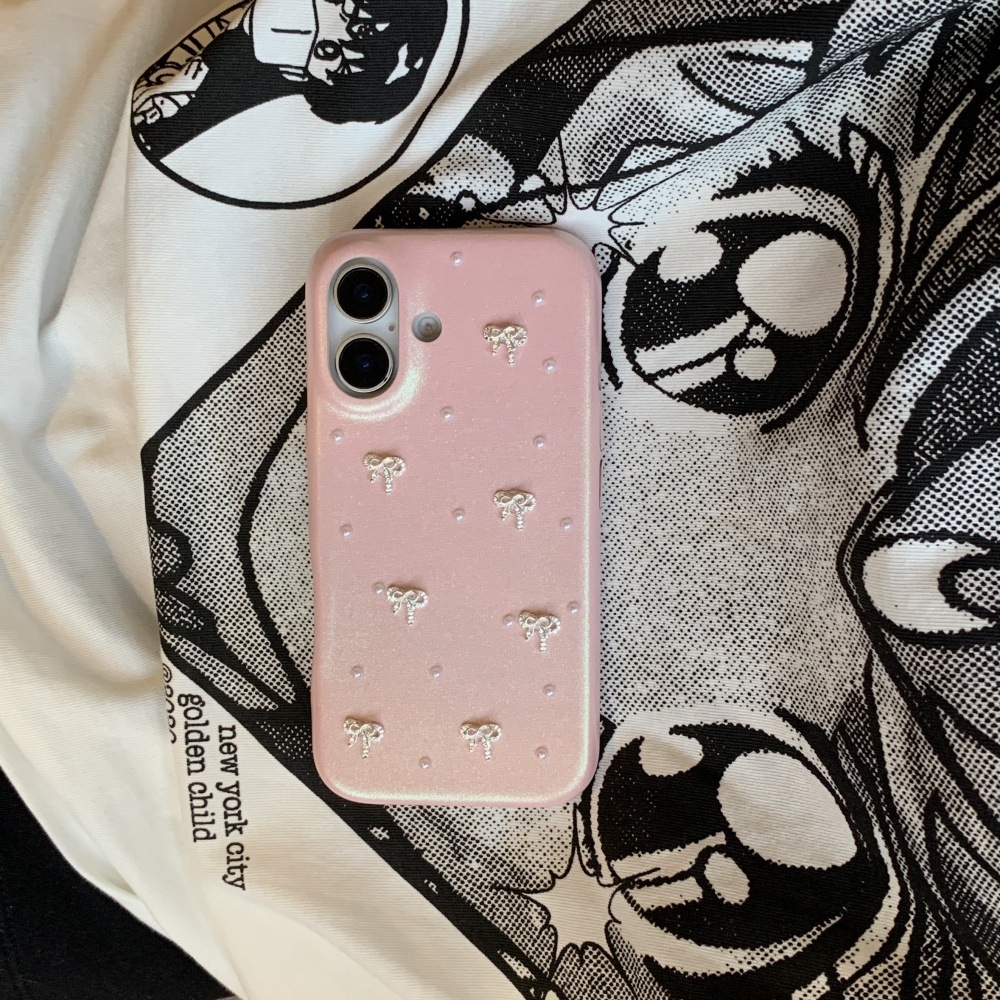 Pearl Heart Bowknot Phone Case Compatible with iPhone 17/16/15 Pro Simple Solid Color 14/13 Cartoon