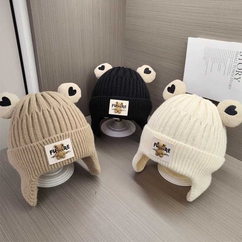 Cute Winter Knitted Baby Cap Cartoon Bear Toddler Boys Girls Warm Beanie Bonnet Hat Windproof Kids Crochet Ear Protection Caps251028