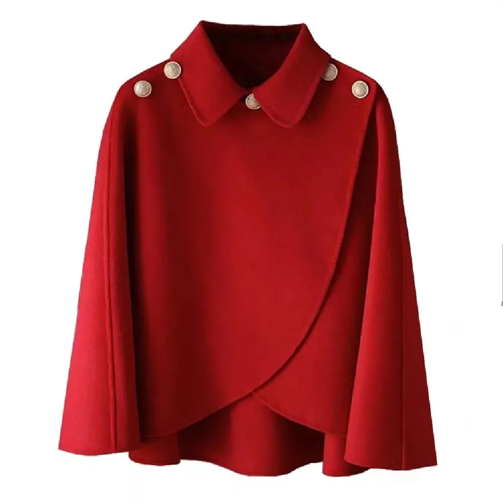 Fashion Woolen Shawl Coat For Women 2025 Autumn Winter Woolen Jacket Short Outerwear Cape Red Black Coat Tops Female 251029