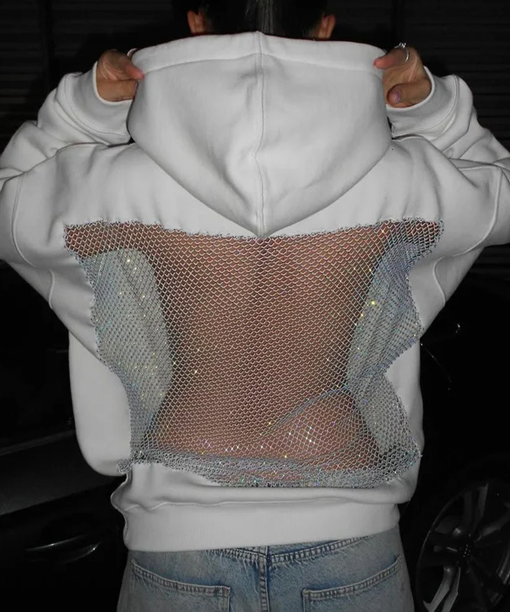 Women's fashionable hooded sweatshirt, casual long sleeved pullover, designer American hollow mesh long sleeved sweatshirt
