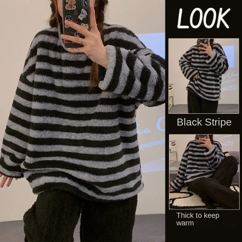 2PCSSet Padded Thickened Warm Fall Winter LongSleeved Soft Pajamas Women Coral Flannel Outside Striped Homewear Large 251029