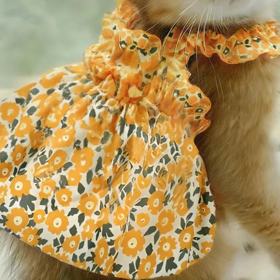 Breathable Skirt Dress for Cat Summer Orange Flower Soft Bowtie Elastic Tshirt For Kittens Pajamas For Cat Supplies 251029