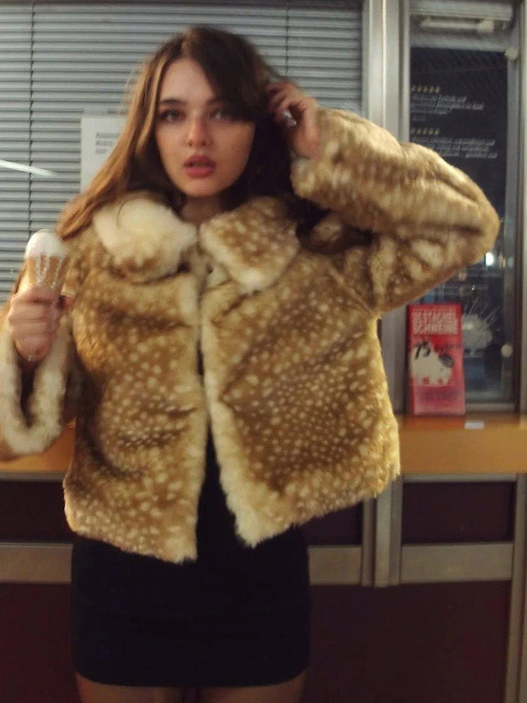 Leopard Print Women Faux Fur Short Coat Full Sleeve Lapel Collar Single Breasted Loose Mini Coats Lady Daily Street Outwear 251028