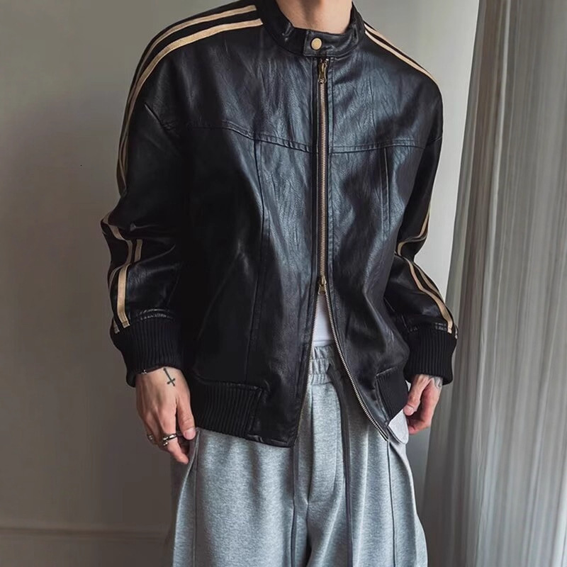 American Style Striped Patchwork Leather Jacket For Men Loose Fit Stand Collar Designer Jacket Top Motorcycle Leather Jacket For Autumn