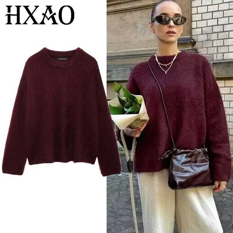 HXAO Faux Wool Knitted Sweater Women Autumn Winter Long Sleeve Oversize Sweater Woman Round Neck Burgundy Sweater Jerseys J251029