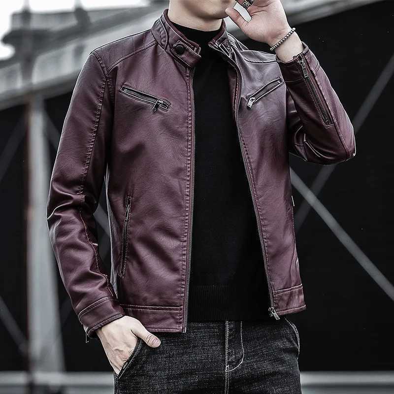 Mens PU leather jacket mens trendy youth stand collar punk mens motorcycle leather jacketT251029