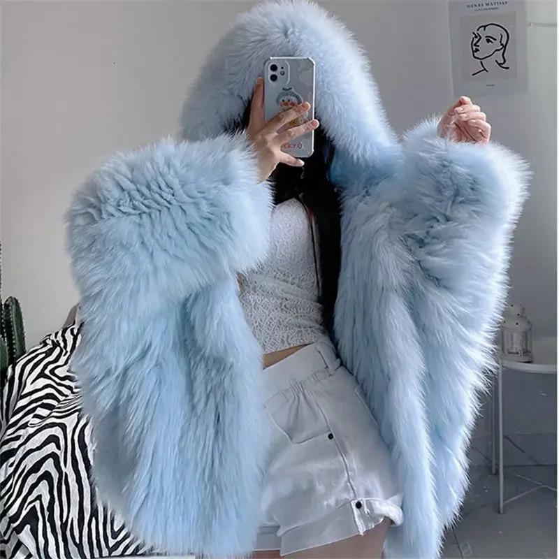 Faux Fur Jackets for Women Autumn Winter Short Bat Full Sleeve Hooded Coats Slim Spliced Thick Coat Loose Open Stitch Jacket 251029