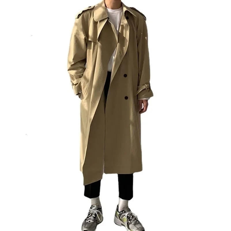 Korean Version of Solid Color Casual Double Breasted Lapel Trench Coat Mens Spring and Autumn Loose Long Trench Coat 251028