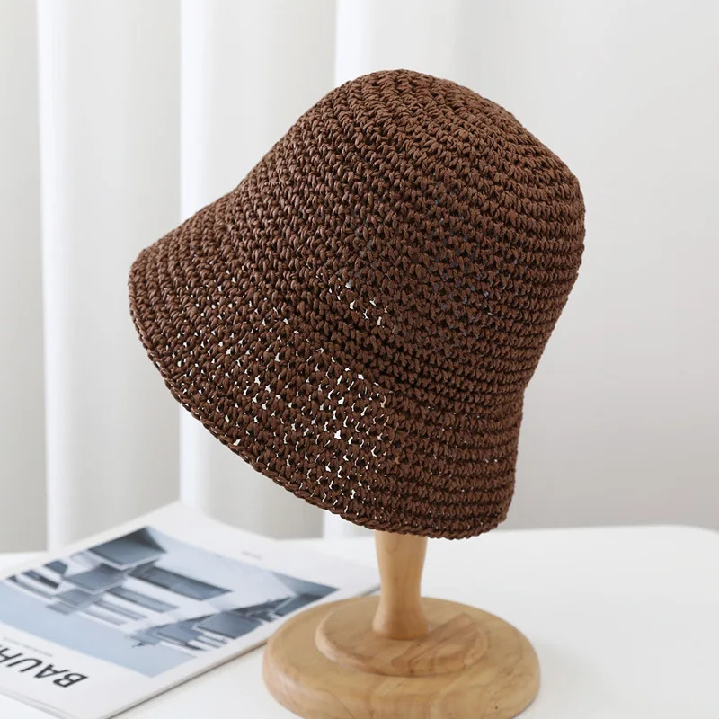Simple Solid Handmade Crochet Bucket Hat For Women Outdoor Summer Sunshade Breathable Japan Style Paper Straw Fisherman Cap 251029