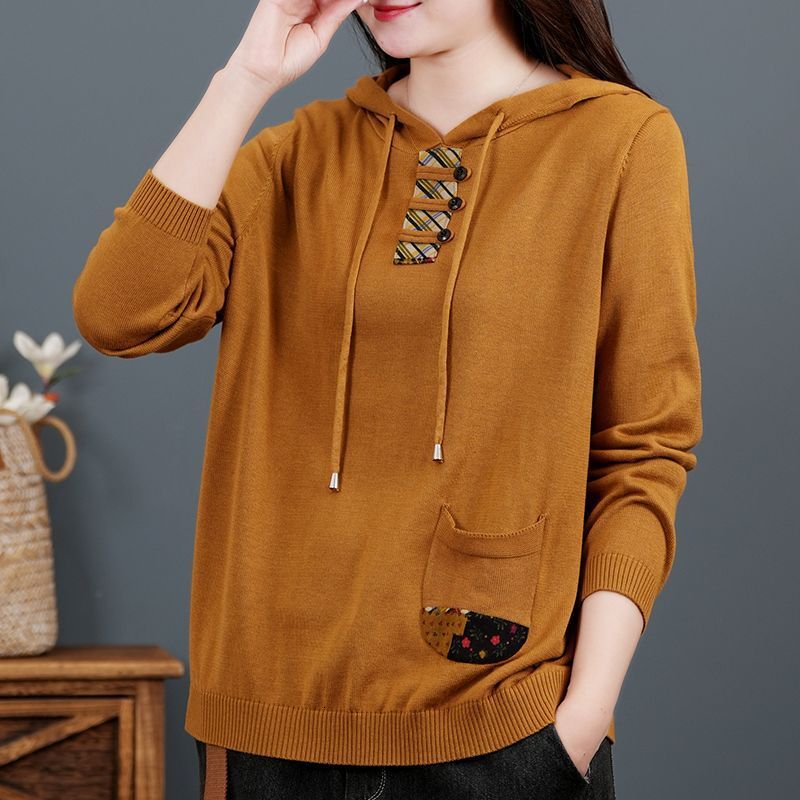 Retro designer style cotton long sleeved knitted women's sweater Spring and Autumn new hooded sweatshirt Fashion slim fit sweater