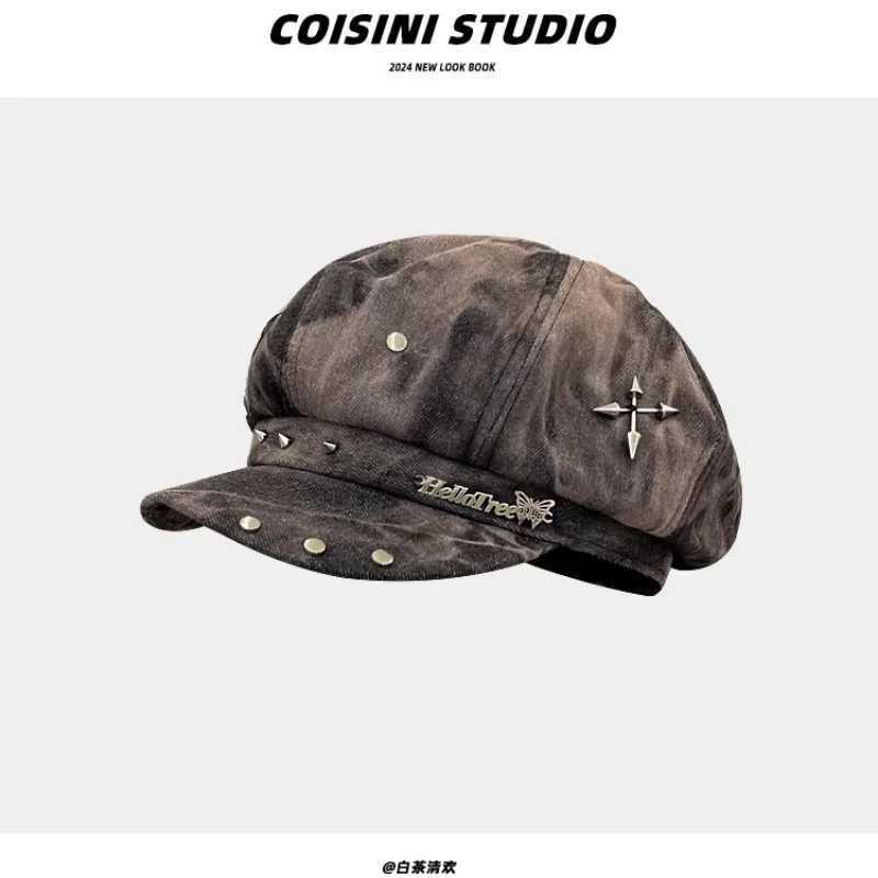 Y2K Personalized Star Sticker Rivet Design Berets Caps for Women Spring and Autumn Fashion Versatile Retro Tiedye Newsboy Hats