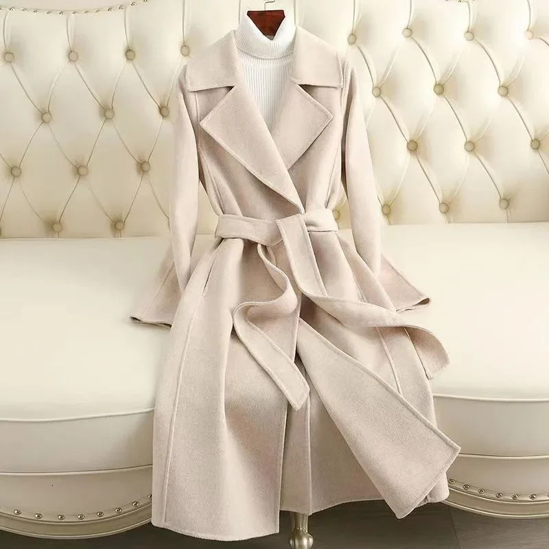 Autumn Winter Womens MidLength Woolen Coat SlimFit KneeHigh Belted HighEnd Polyester Fiber Outerwear Fashionable Coat 251029