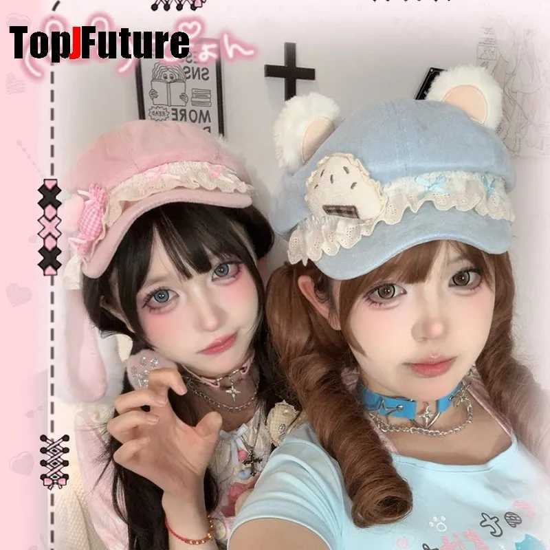 Y2K Womens Bear Ear Ballet Style Beret Dark Gothic Lolita Japanese Trend Neutral Black Painter Hat Octagonal Cap for Cosplay