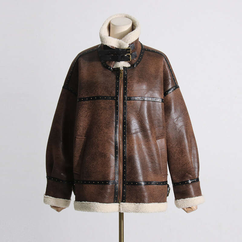 2025 Autumn New Fashionable Sheepskin One-Piece Stand Collar Loose Lamb Wool Coat For Women