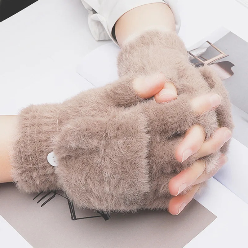 Womens Winter Gloves Warm Plush Student Flip Top Mittens Writing Office Soft Fluffy Outdoor Thick AntiCold HalfFinger Gloves 251029