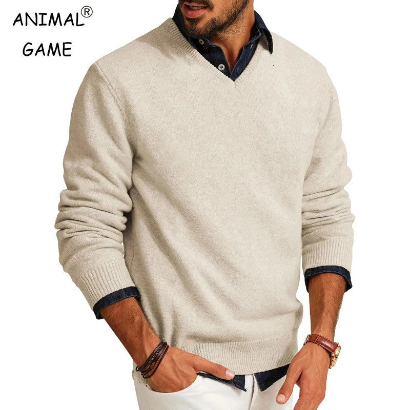 Mens Casual V Neck Pullover Sweaters Lightweight Wool Long Sleeve Knit Sweater Slim Fit Outwear Autumn Business Tops 251029