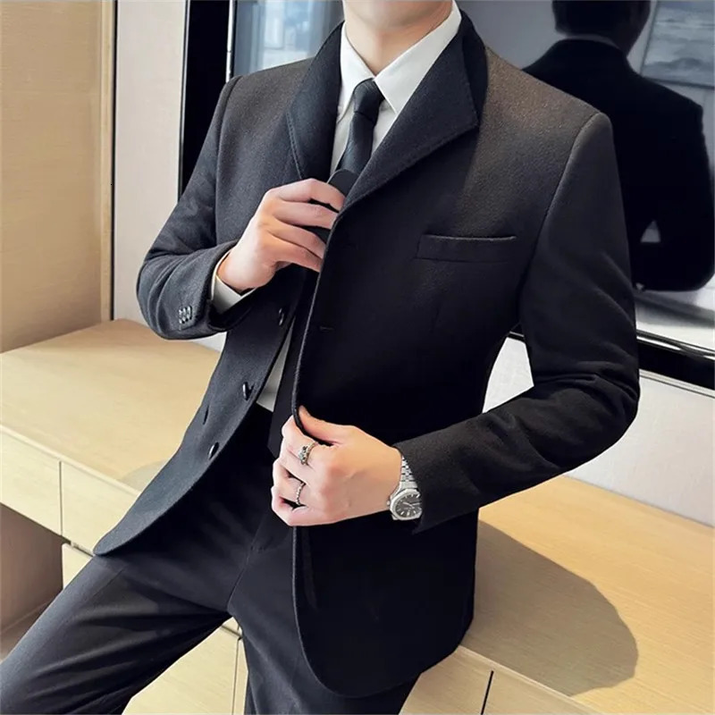 Autumn Winter High Quality Thick Woolen Blazers Men Solid Color Smart Casual Suit Coats Mens Fashion Turn Down Collar Blazer 251028