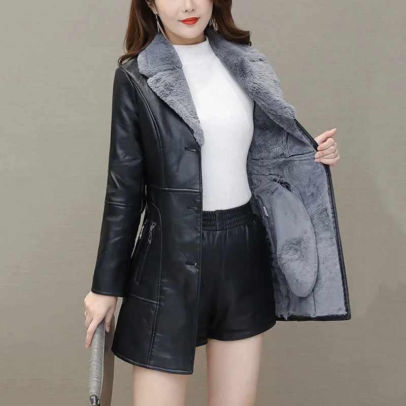 Womens Leather Windbreaker Plus Velvet Thick PU Leather Cotton Coat Long Suit Collar Large Size Fashion Warm Leather Jackets 251029