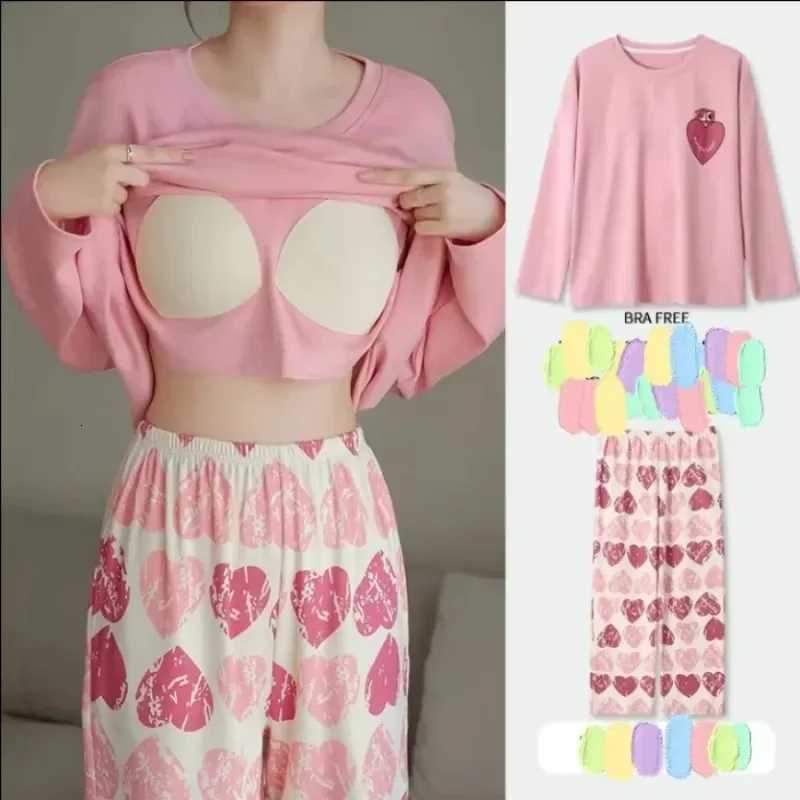 2PCSSet Women Big Size with Chest Pads Pajamas Spring Autumn and Winter LongSleeved Headset Loose Homewear Can Be Worn OutsideT251029