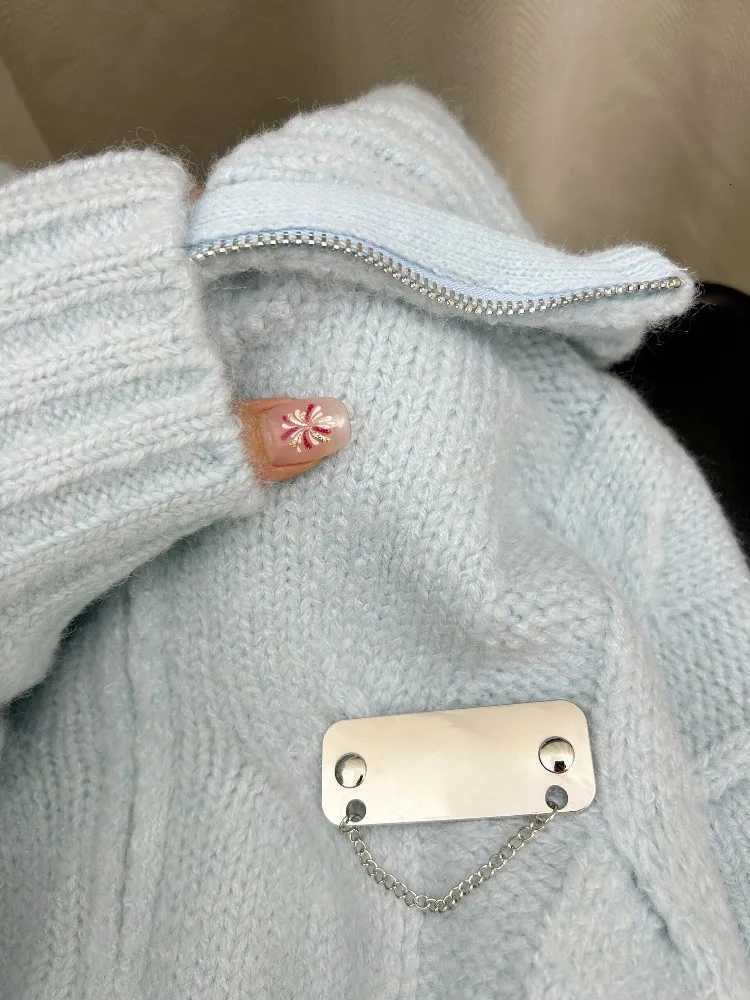 Women American Retro Blue Knitted Sweater Autumn Winter Casual Solid Y2k Cardigan Coat Ladies Sweet Fashion Outwear Tops NewT251028