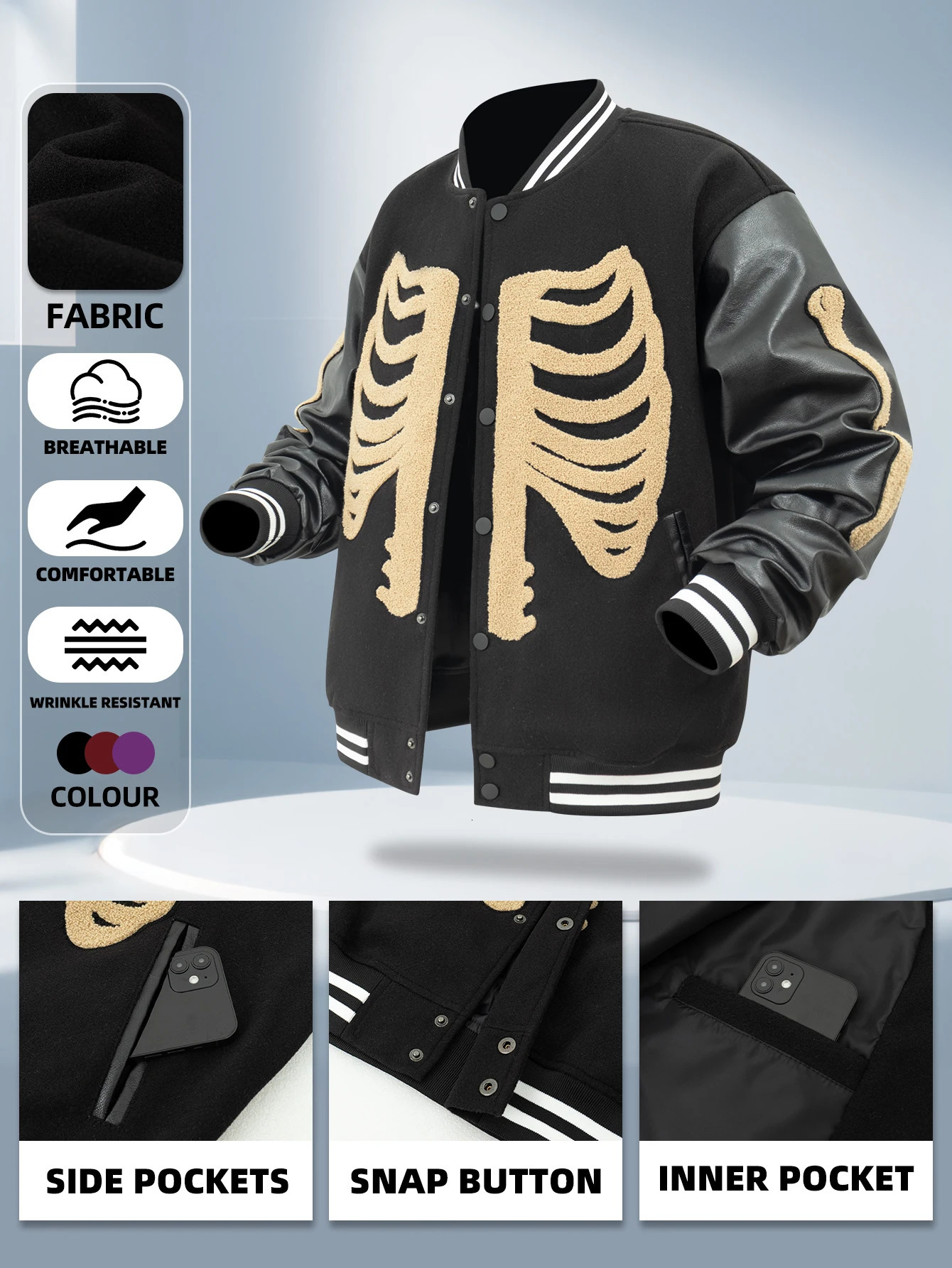 Mens Varsity Jacket Skeleton Graphic Baseball College School FauxWoolLeather Bomber Halloween costumes Outerwear Coats 251028