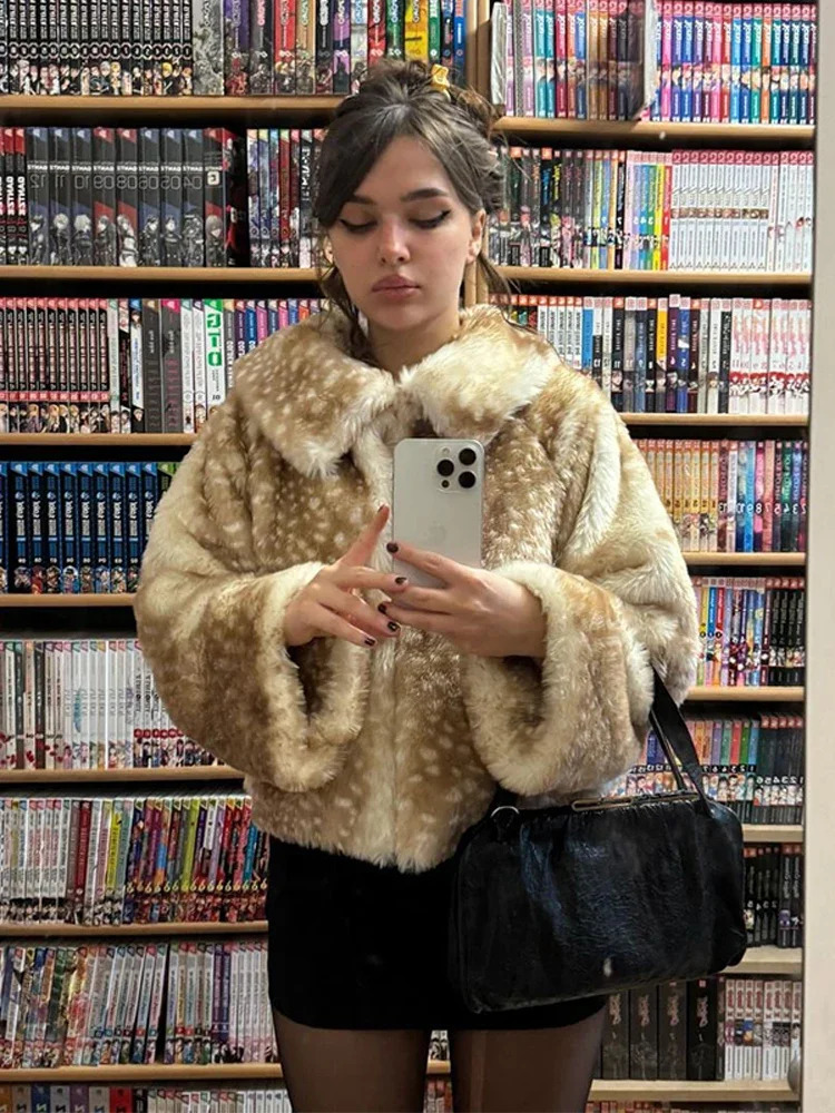 Leopard Printed Faux Fur Short Coat Women Lapel Full Sleeve Single Breasted Loose Mini Coats Lady Winter Daily Street Outerwear 251028