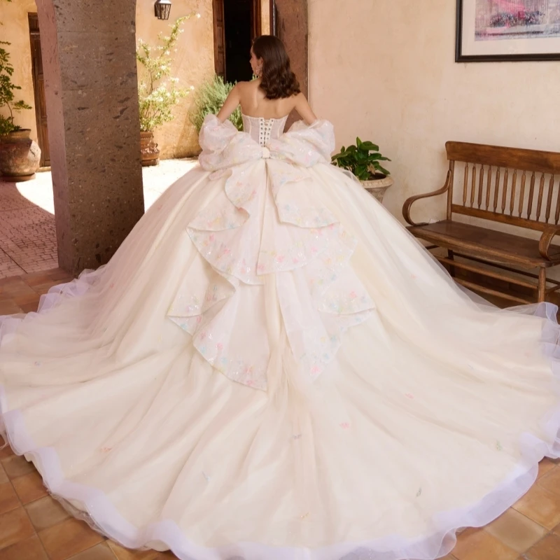 Khaki Shiny Quinceanera Dresses Off The Shoulder Flower Bow Beads Tull Party Birthday Sweet 16 Dress Vestidos De 15 Anos