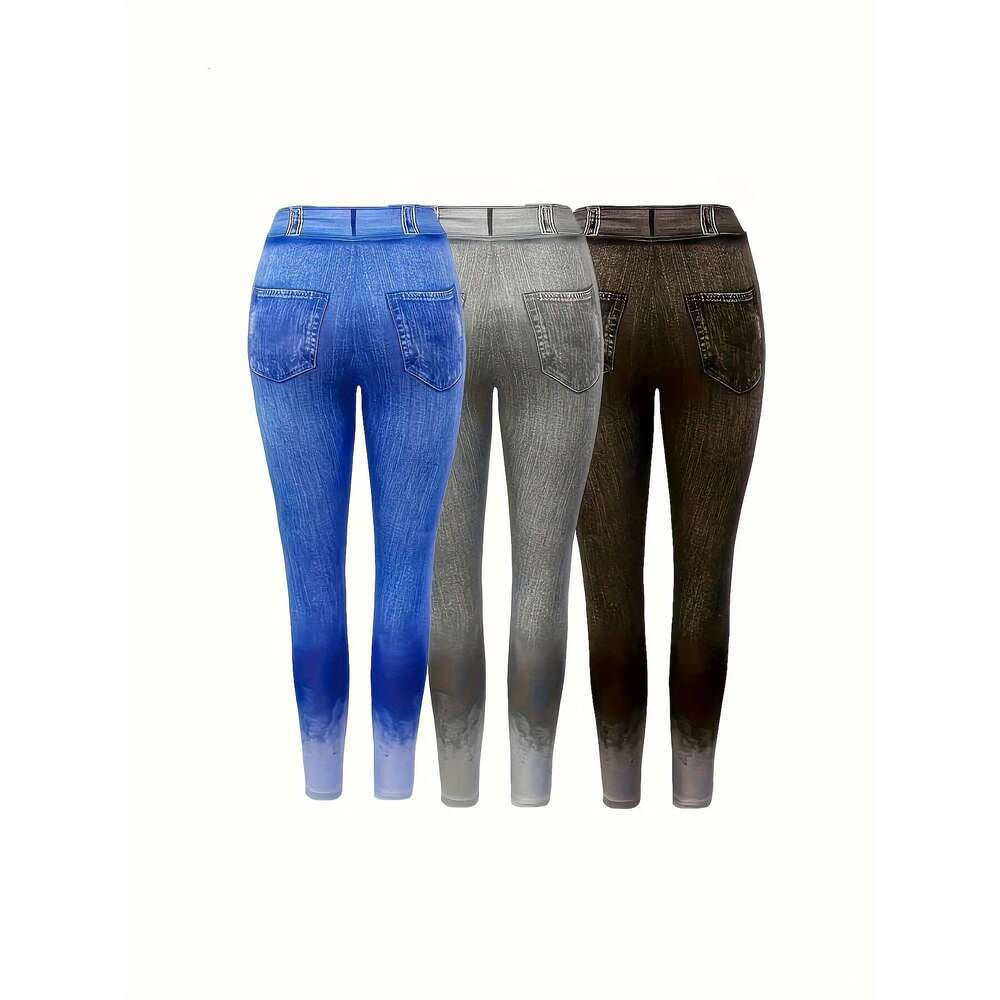 3Pcs Women's High-Stretch Faux Denim Print Leggings - Perfect For Running, Yoga & Workouts
