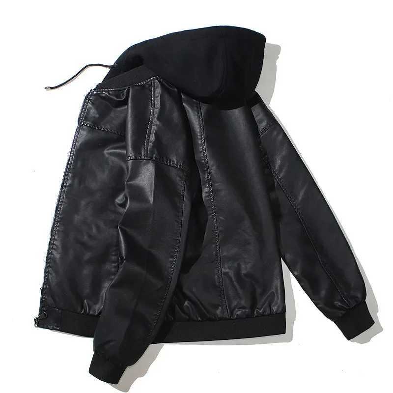Mens Hooded PU Leather Jacket Motorcycle Hooded Young Leather Plus Cotton Padded Coat MenT251029