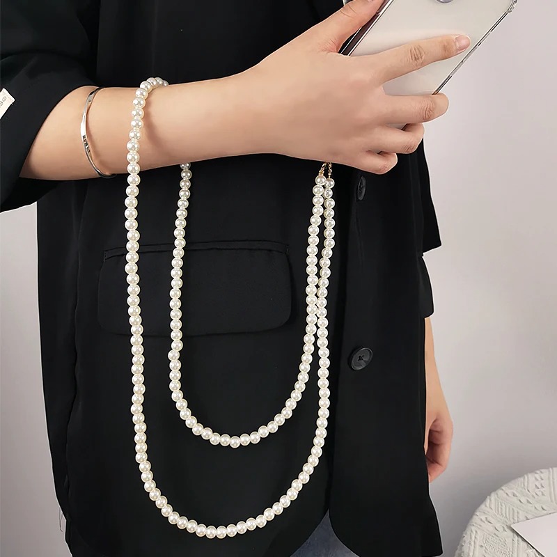 Phone Lanyard Long Crossbody Necklace Chain Hand-beaded Plastic Pearl Strap Anti-lost Sling Universal Clip Bag for Phone Case