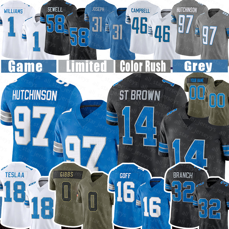Isaac TeSlaa Fußballtrikots Amon-Ra St. Brown Penei Sewell Jameson Williams Brian Branch Jared Goff Jahmyr Gibbs Barry Sanders Kerby Joseph Malcolm