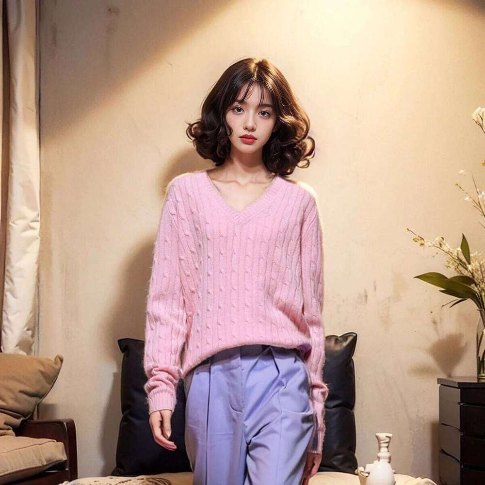 Brandy Women's Long Sleeve V-Neck Cable Knit Sweater Slim Fit Crop Top Navy Pullover Knitwear For Spring Fall Designer Sweater Women Bear Sweater