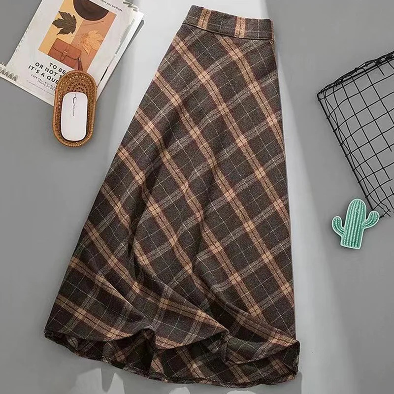Rimocy Autumn Winter Woolen Skirt Women Korean Style Thick High Waist Long Skirt Woman A Line Pleated Plaid Skirt Female 251028