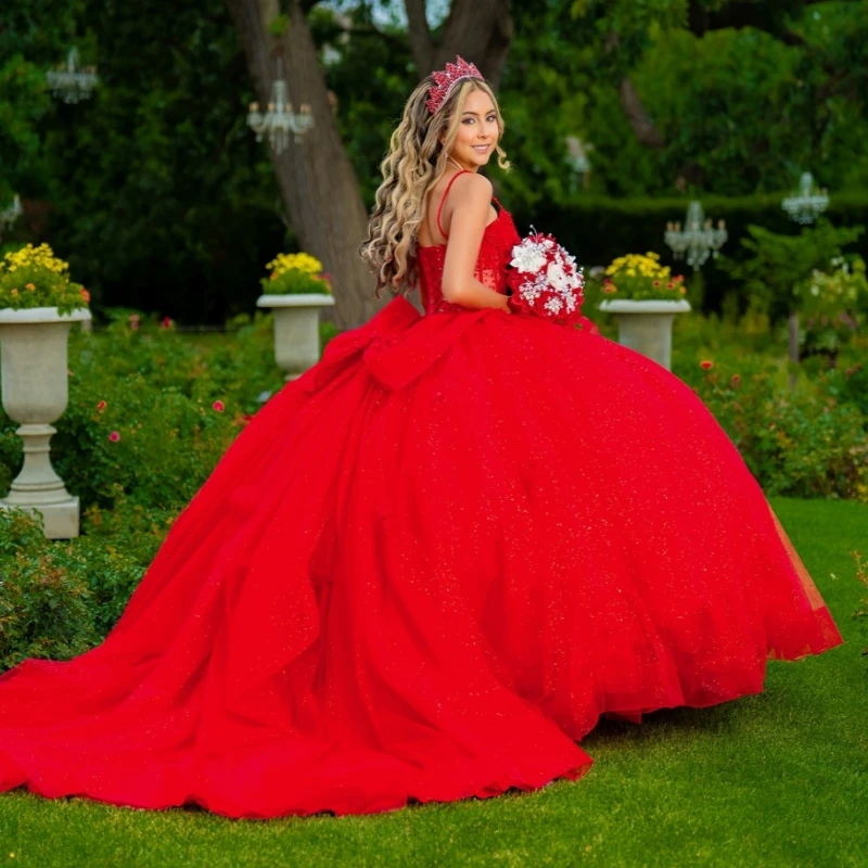 Red Shiny Ball Gown Quinceanera Dresses Spaghetti Strap Sequin Applique Lace Bow Beads Corset Tull Party Birthday Sweet 16 Dress
