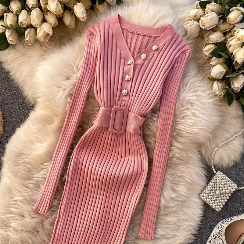 YuooMuoo Chic Fashion Sexy Package Hips Rib Knitted Bodycon Dress Autumn Winter Elegant Peal Vneck Sweater Dress with Belt 251029