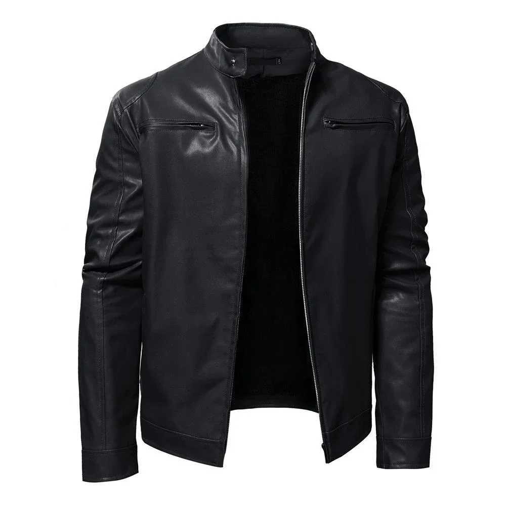 Autumn Mens Stand Collar Jacket Coat Black Leather Motorcycle Jacket Solid Color Zipper Streetwear Winter Warm Biker Jacket MenT251029