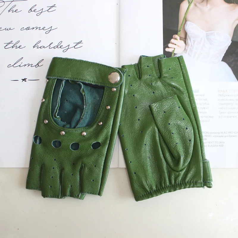Womens Sheepskin Half Finger Gloves Thin Style Unlined Rivet Colored Genuine Leather Driving 251013