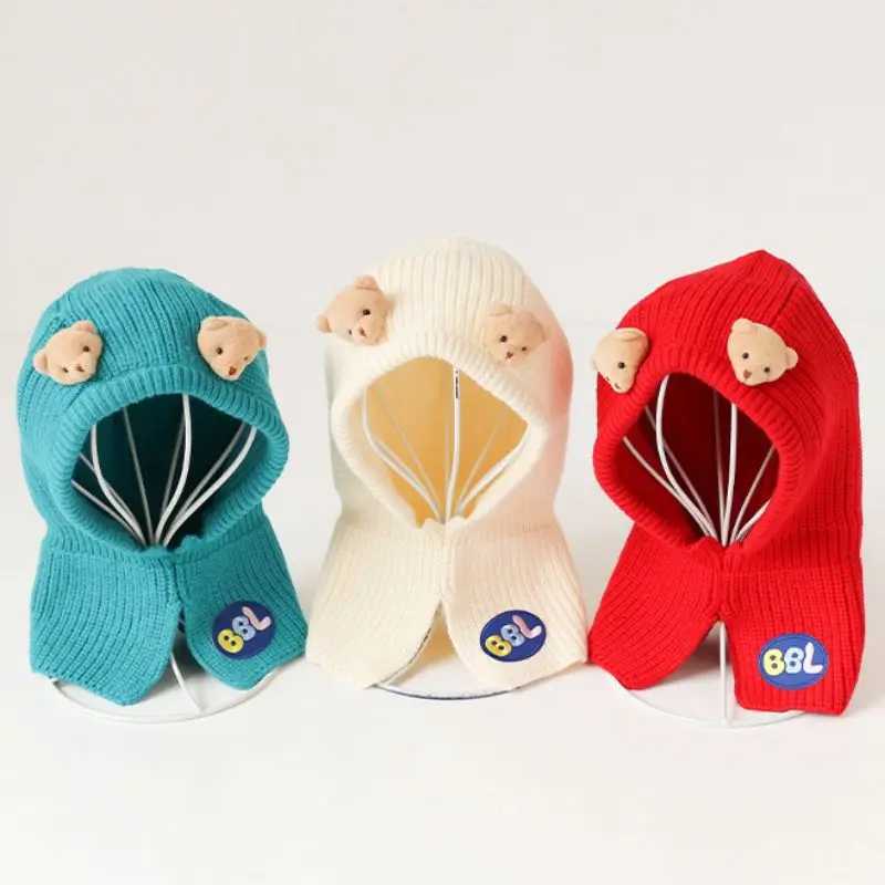 Cute Bear Kids Balaclava Knit Hat Cartoon Baby One Piece Scarf Cap 16Year Boy Girl Winter Warm Hooded Beanie Children Headgear251028