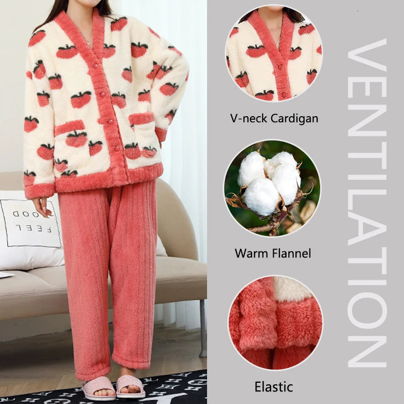 Padded and Thickened Warm Flannel Women Pajamas Loungewear Winter Peach Sleepwear Homewear Coral Velvet TwoPiece Set Nightwear 251029