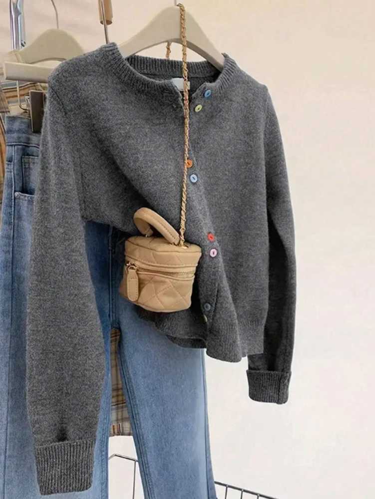 Design Crash Colour Buttons Temperament Versatile Knitting Sweater Cardigan Jacket Small Round Collar SimpleT251028