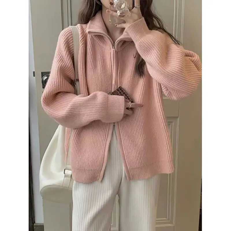 Lapel Double Zipper Sweater for Women in Spring and Autumn New Lazy Style Sweater Cardigan Stand Collar JacketT251028
