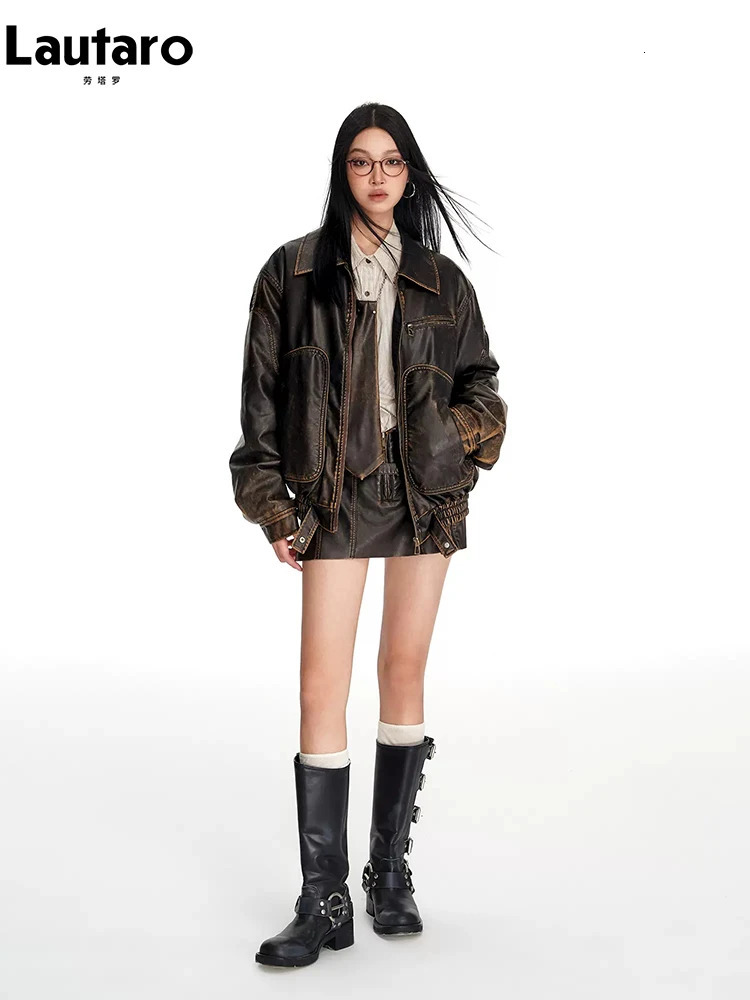 Lautaro Spring Autumn Cool Handsome Vintage Distressed Brown Pu Leather Jacket Women Faux Fur Collar Clothing 251029